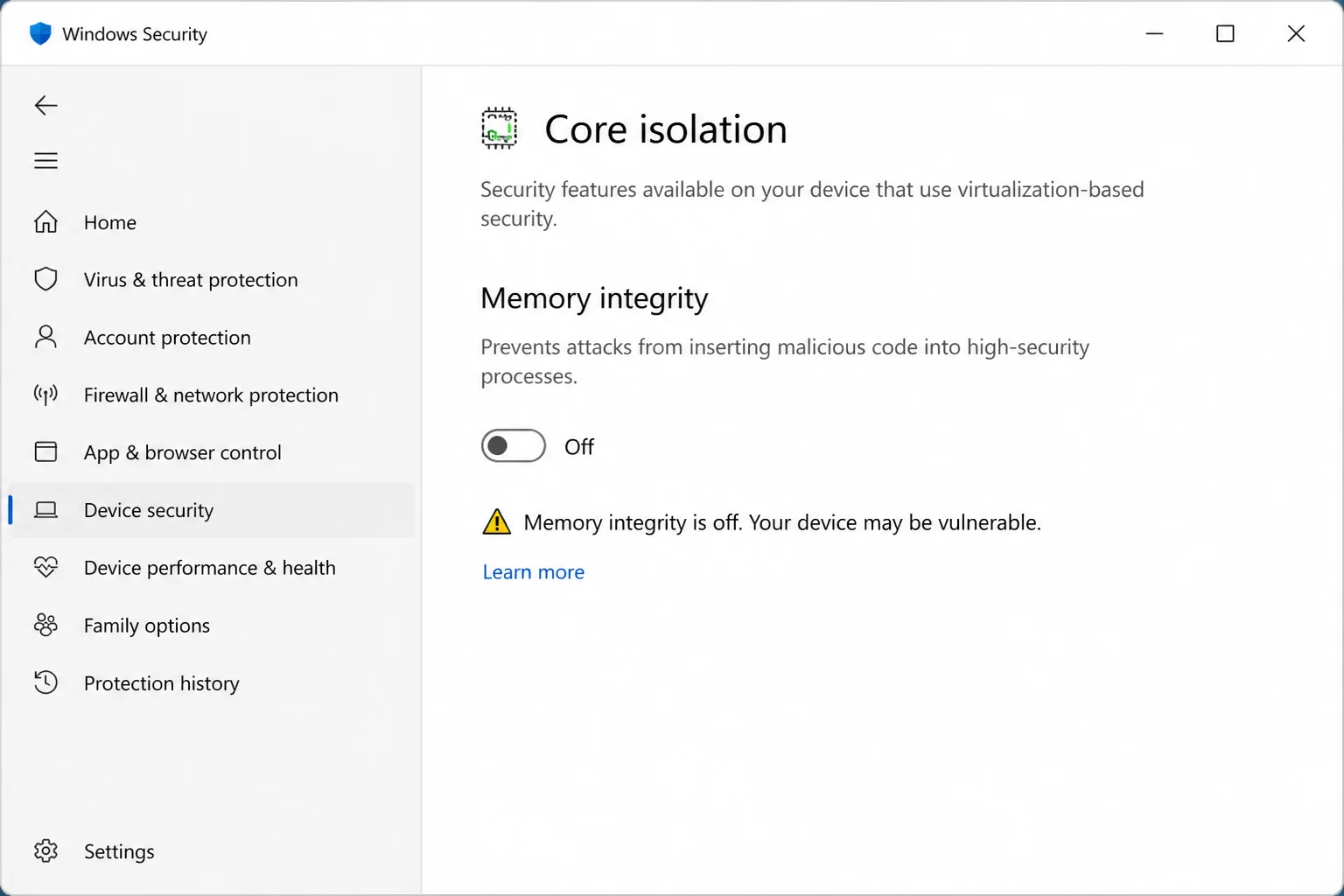 Windows Security > Device Security > Core isolation details with Memory integrity toggle set to Off
