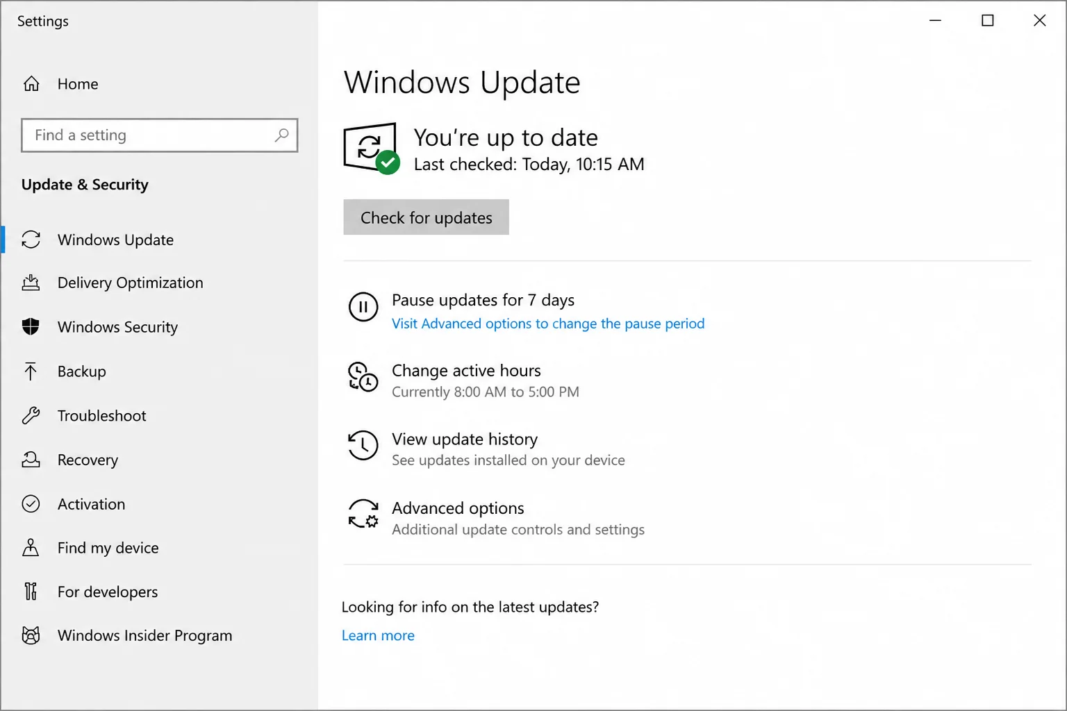 Windows 10 Update and Security page showing the Pause updates for 7 days link