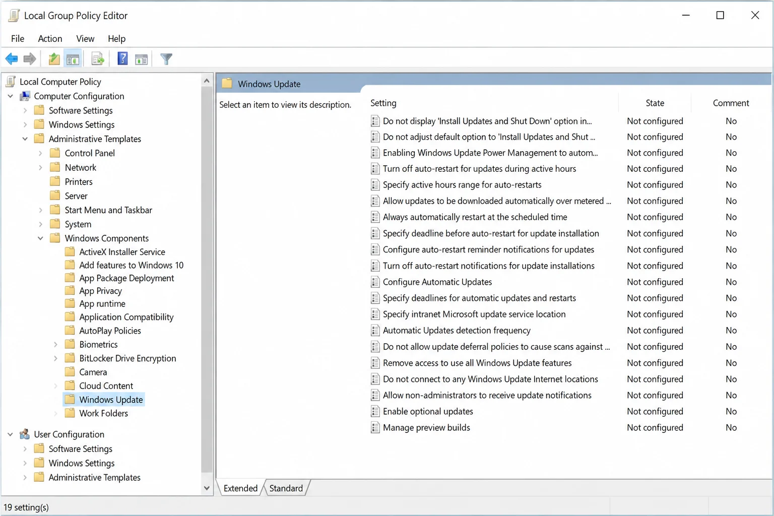Local Group Policy Editor showing the Windows Update folder with the list of available update policies