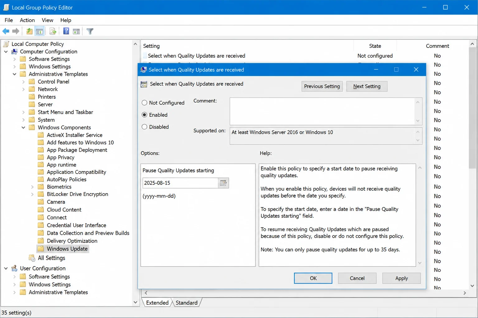 Group Policy Editor with the Select when Quality Updates are received policy dialog open, showing the Enabled radio button and the day-deferral field