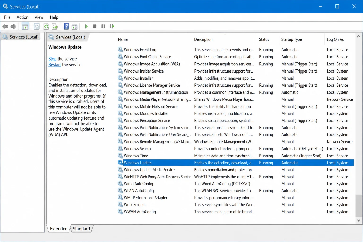 Windows Services console with the Windows Update service highlighted in the list