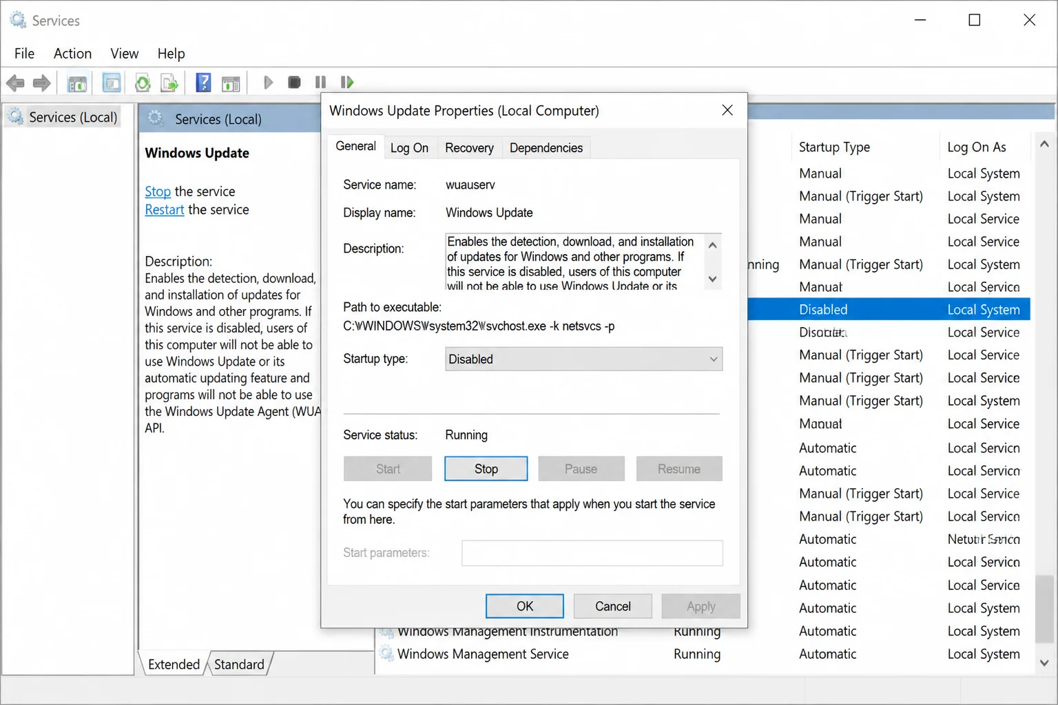 Windows Update Properties dialog showing the Startup type dropdown set to Disabled and the Stop button