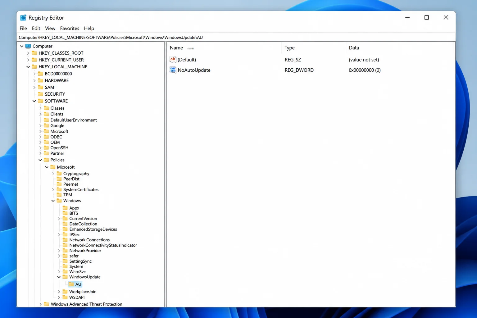 Registry Editor at HKEY_LOCAL_MACHINE SOFTWARE Policies Microsoft Windows WindowsUpdate AU showing the NoAutoUpdate DWORD value in the right pane