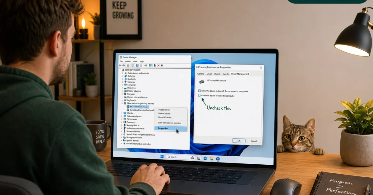 Person seated at a desk using a laptop displaying device manager and a settings dialog; a cat peeks from the right, with a plant, mug and notebook nearby. Poster reads 'Keep Learning Keep Growing' in the background.