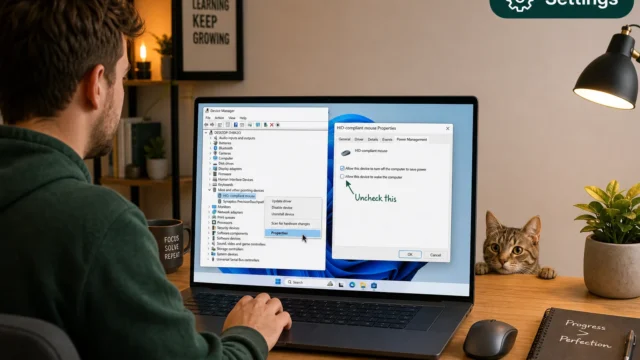 Person seated at a desk using a laptop displaying device manager and a settings dialog; a cat peeks from the right, with a plant, mug and notebook nearby. Poster reads 'Keep Learning Keep Growing' in the background.