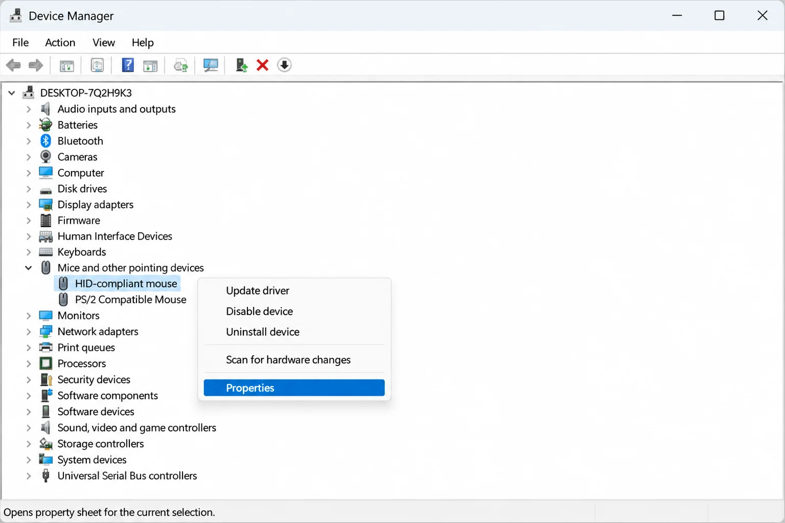 Device Manager with "Mice and other pointing devices" expanded, right-click context menu on the mouse entry showing the Properties option