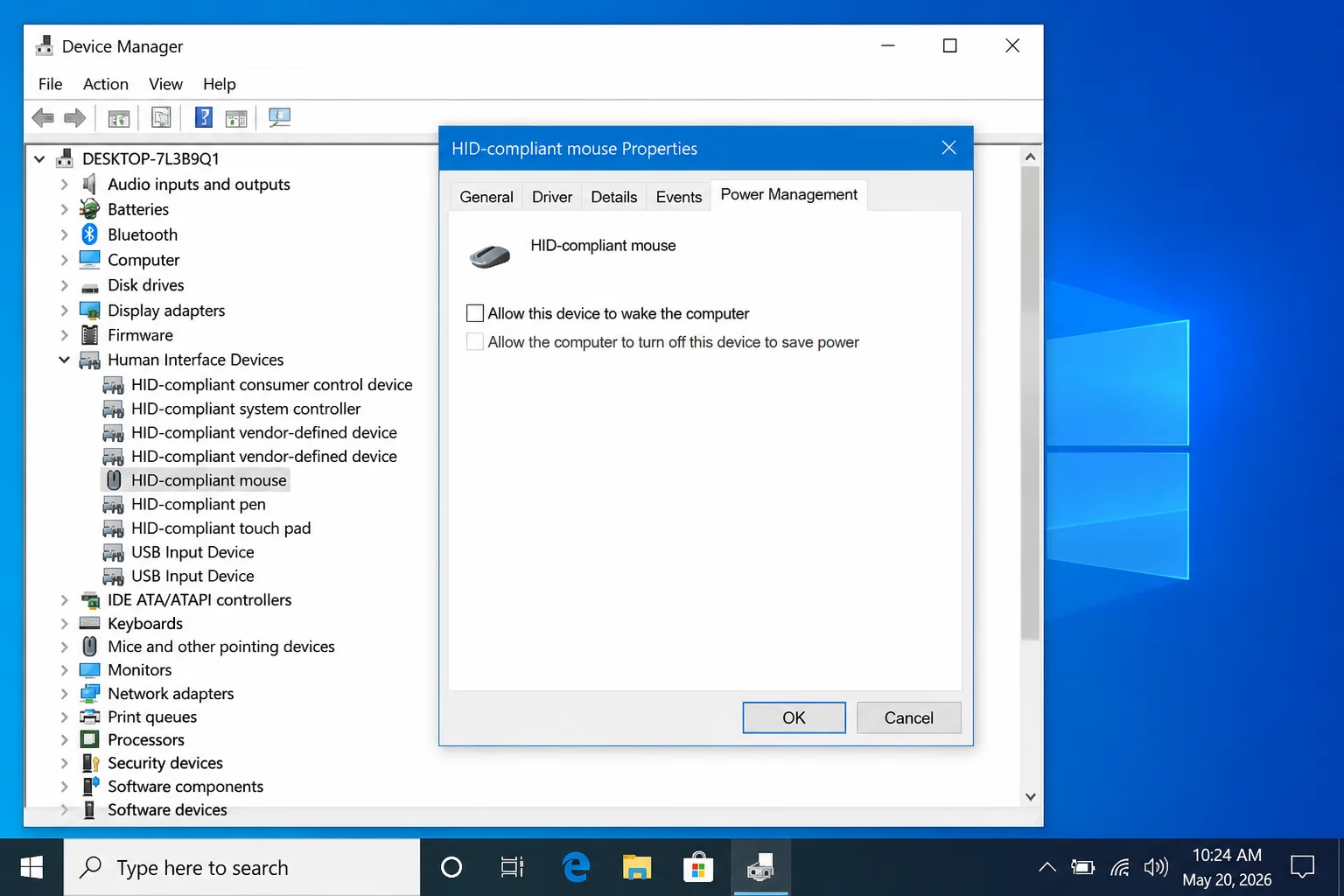 Mouse device Properties window showing the Power Management tab with "Allow this device to wake the computer" checkbox unchecked