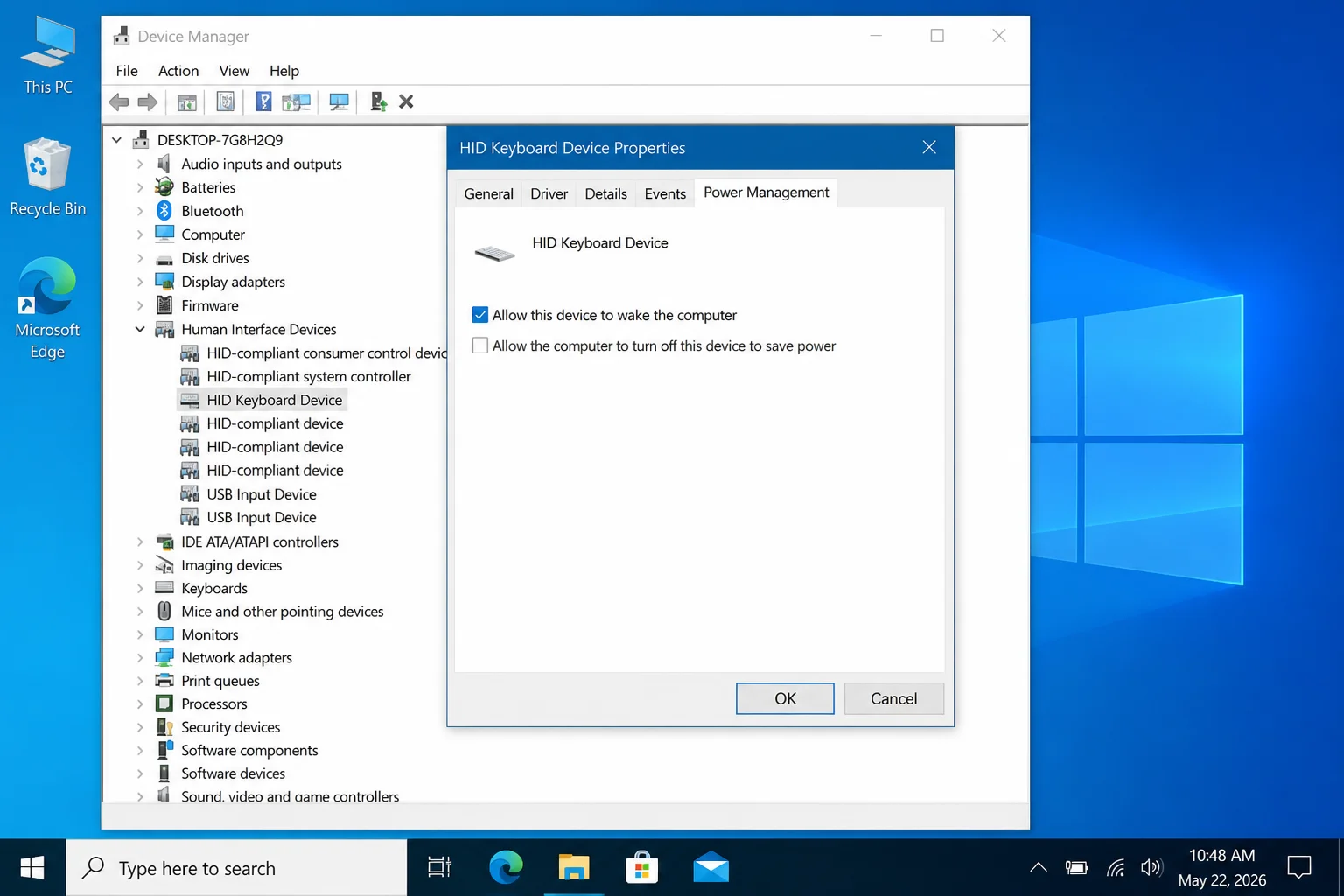 Keyboard device Properties window in Device Manager showing the Power Management tab with "Allow this device to wake the computer" option visible