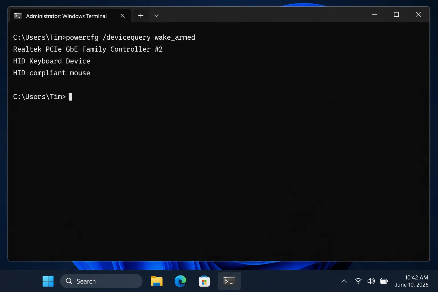 Windows Terminal (Admin) showing the output of "powercfg /devicequery wake_armed" with a list of wake-armed devices