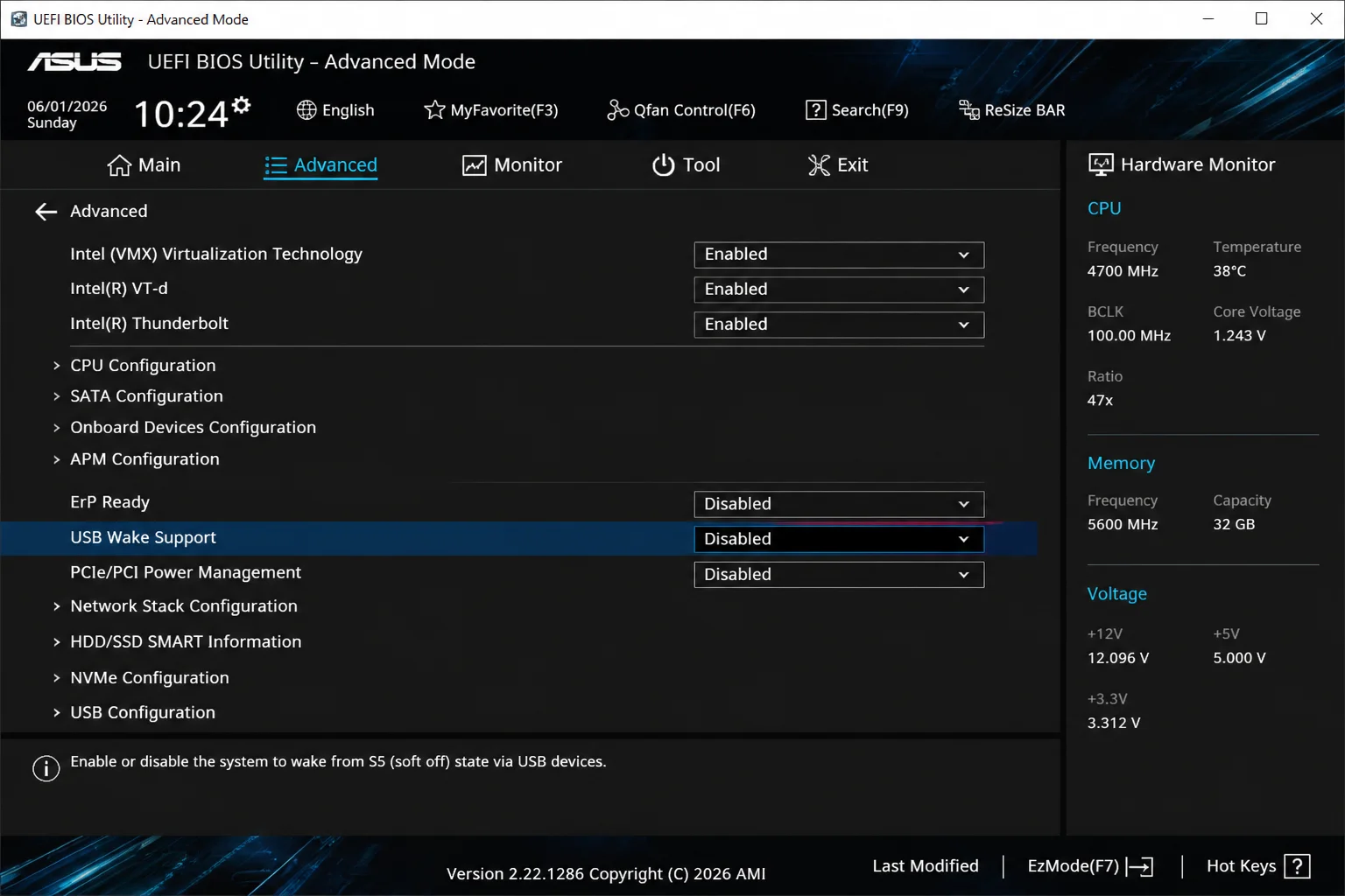 BIOS/UEFI firmware settings screen showing a USB Wake Support or similar wake-from-sleep option under Advanced or Power Management settings