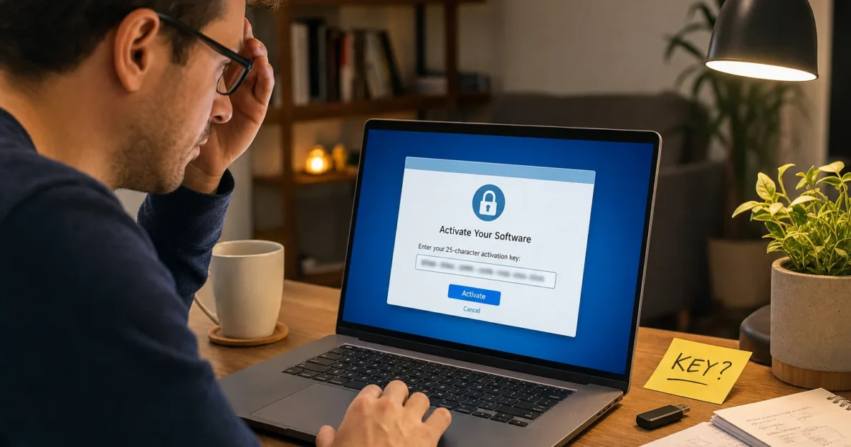 Person at a desk looks at a laptop screen displaying an 'Activate Your Software' activation dialog with a blurred 25-character key field on screen, a plant nearby and a sticky note reading 'KEY?' on the desk