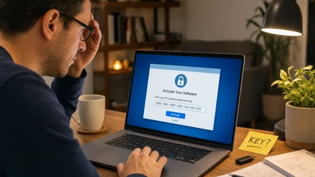 Person at a desk looks at a laptop screen displaying an 'Activate Your Software' activation dialog with a blurred 25-character key field on screen, a plant nearby and a sticky note reading 'KEY?' on the desk