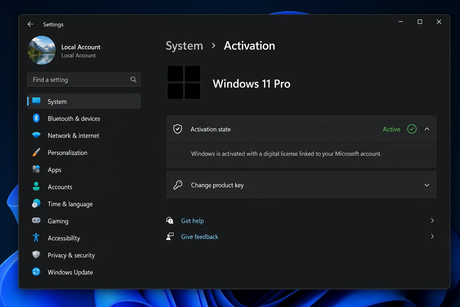 Windows 11 Settings > System > Activation page showing "Windows is activated with a digital license linked to your Microsoft account"