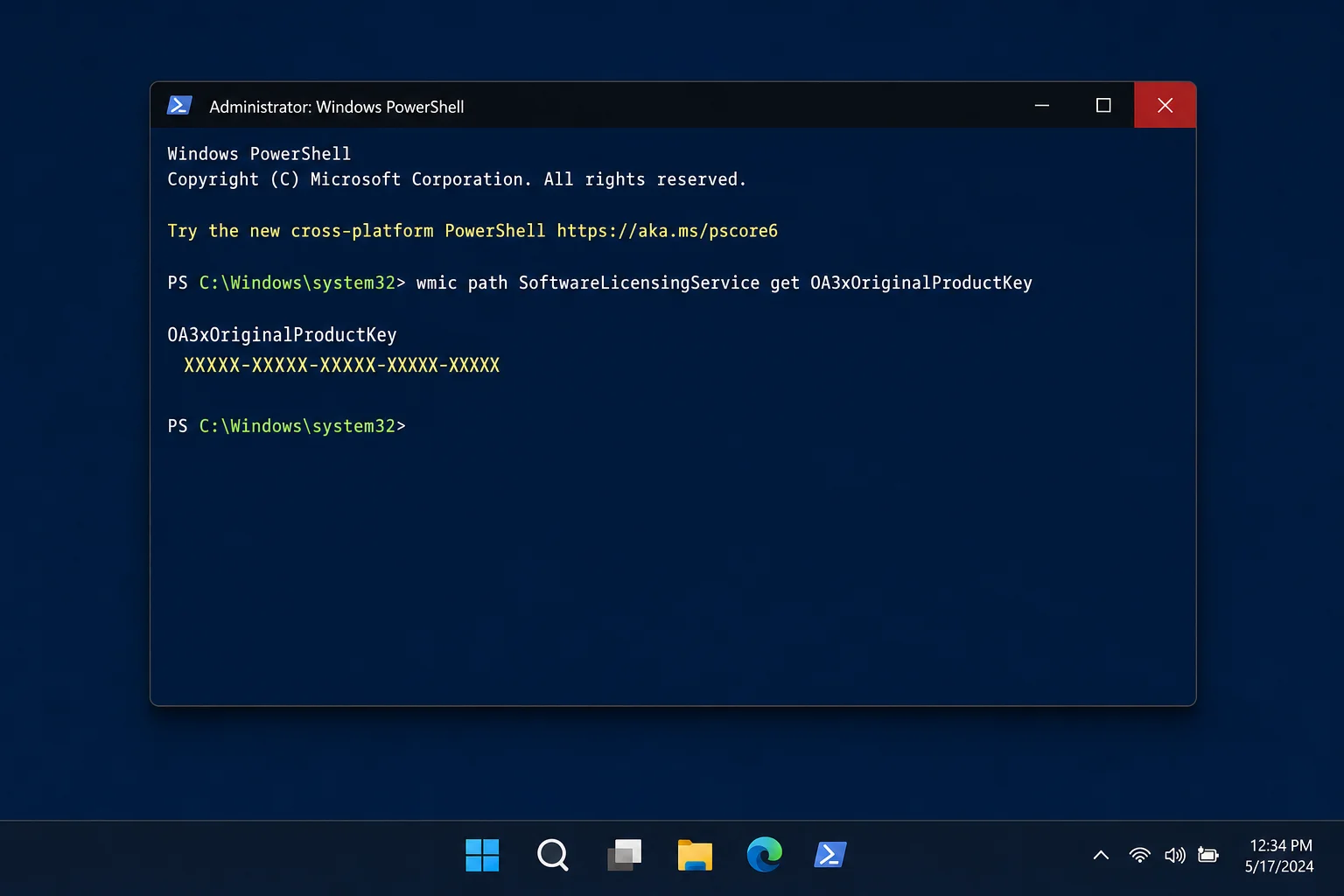 PowerShell (Admin) window showing the OA3xOriginalProductKey command and a product key returned in the output