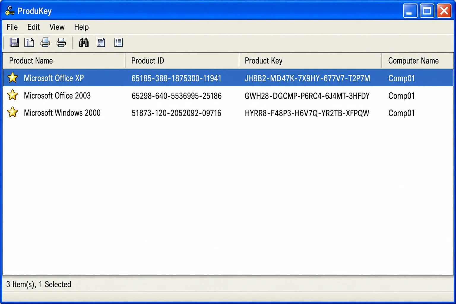 ProduKey main window showing Windows and Office product keys listed with their product names and key values