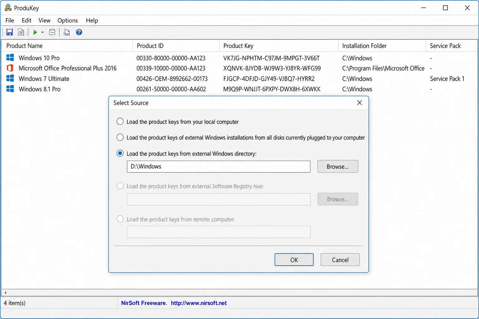 ProduKey "Select Source" dialog with "Load the product keys from external Windows directory" option selected and a drive path entered