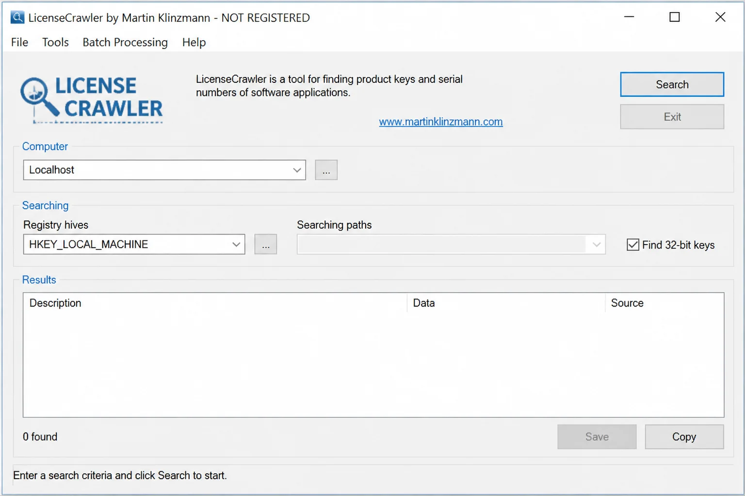 LicenseCrawler main window showing the Computer field set to Localhost, registry path set to HKEY_LOCAL_MACHINE, and the Search button