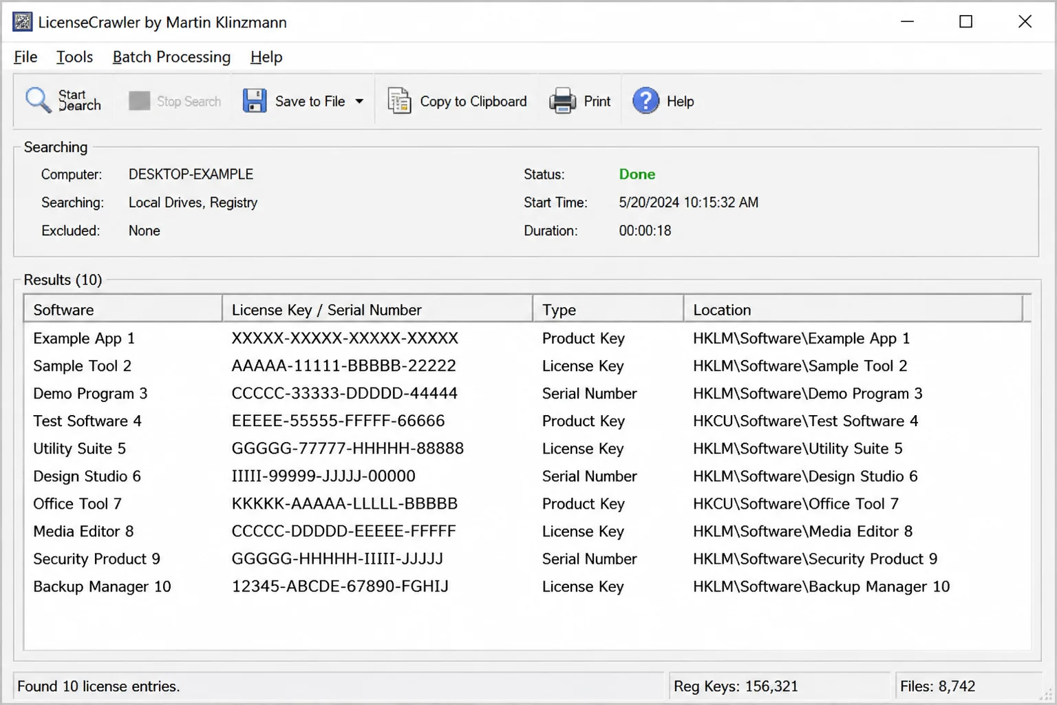 LicenseCrawler showing a completed scan with "Done" in the Searching box and a list of license keys and serial numbers in the results area