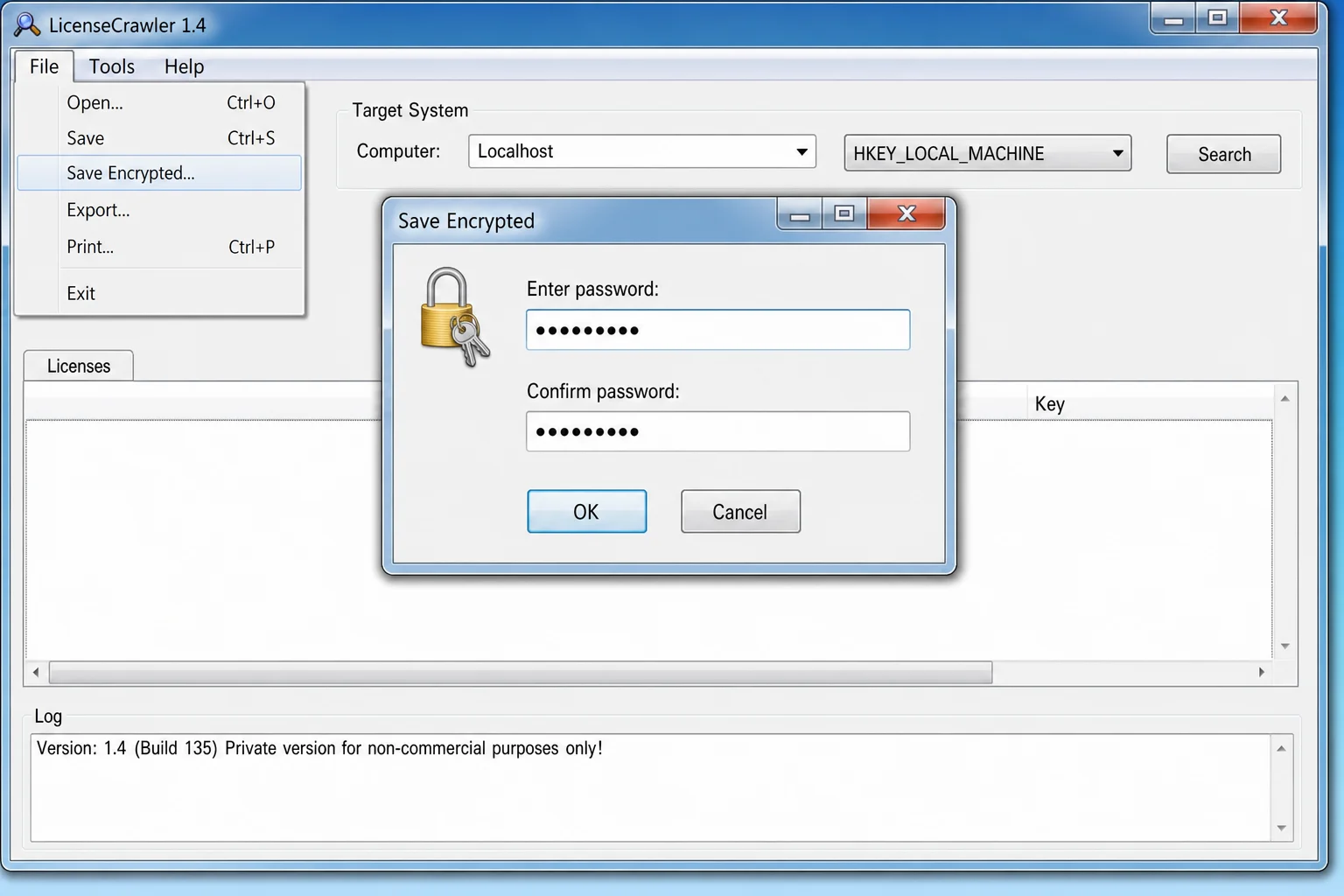 LicenseCrawler "Save file encrypted" password dialog box