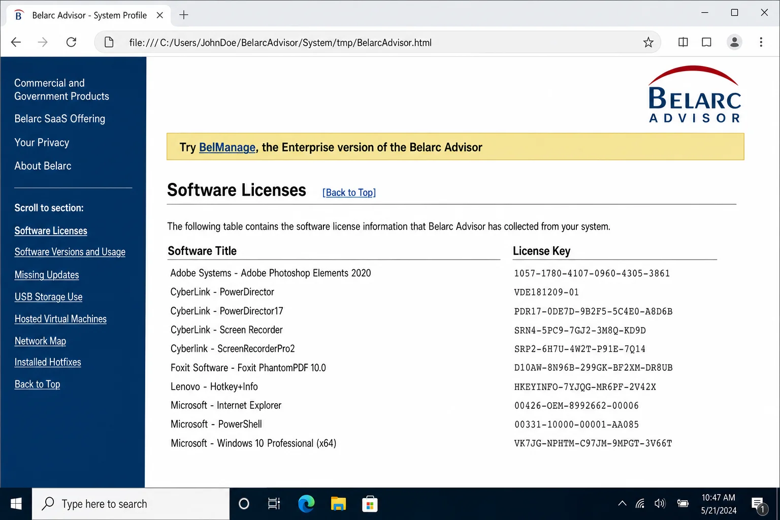 Belarc Advisor HTML report open in a browser showing the "Software Licenses" section with Windows and application keys listed