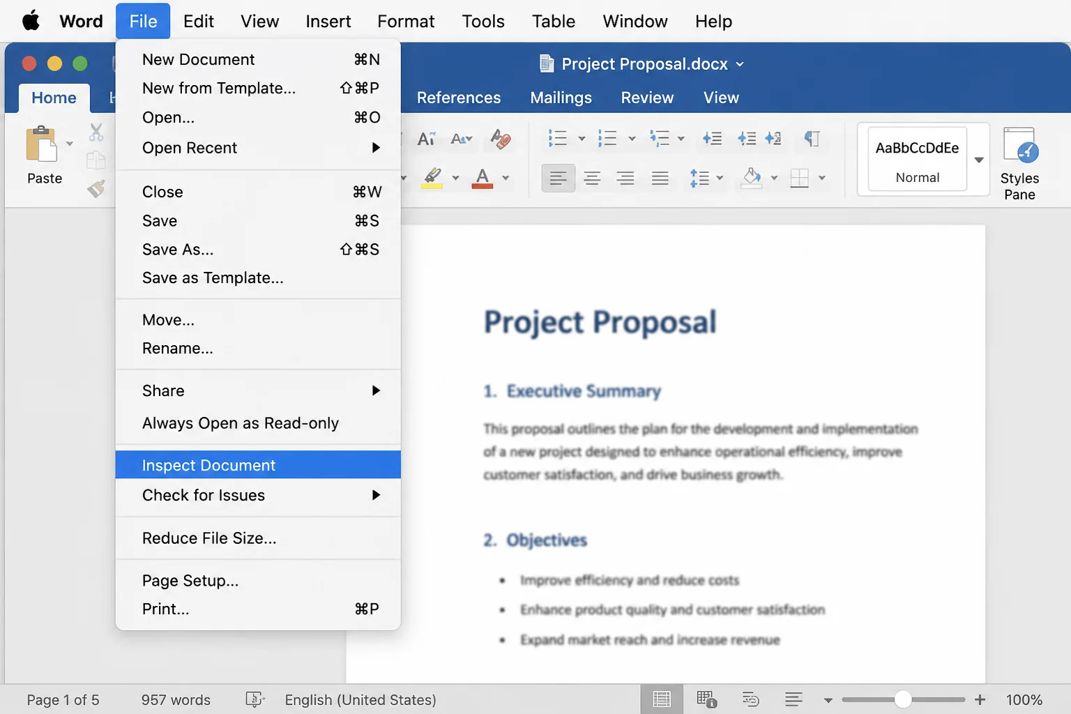 Word for Mac's File menu open showing Inspect Document / Check for Issues option