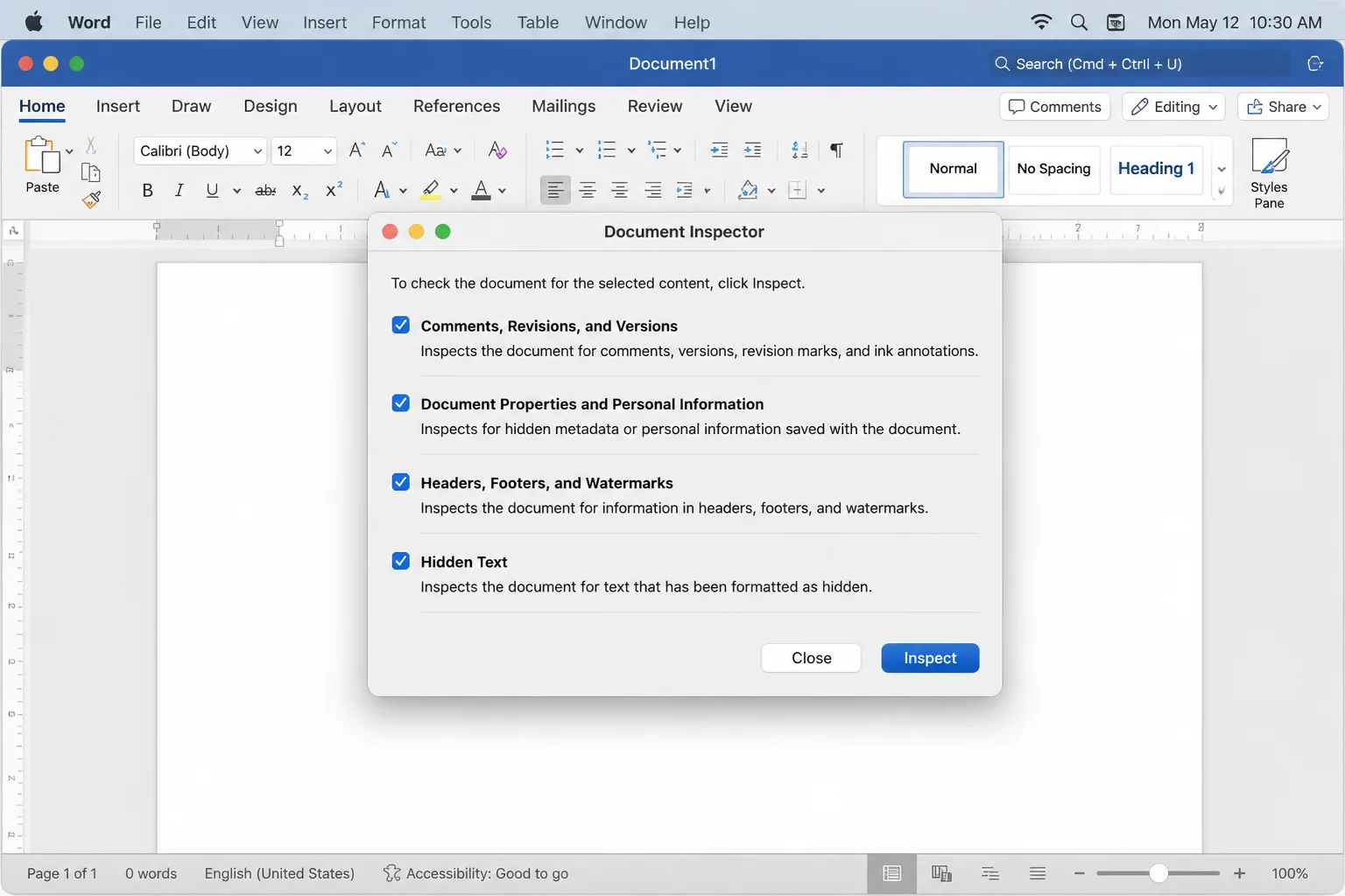 Document Inspector dialog listing checkboxes for Comments/Revisions, Document Properties, Headers/Footers, Hidden Text with an Inspect button