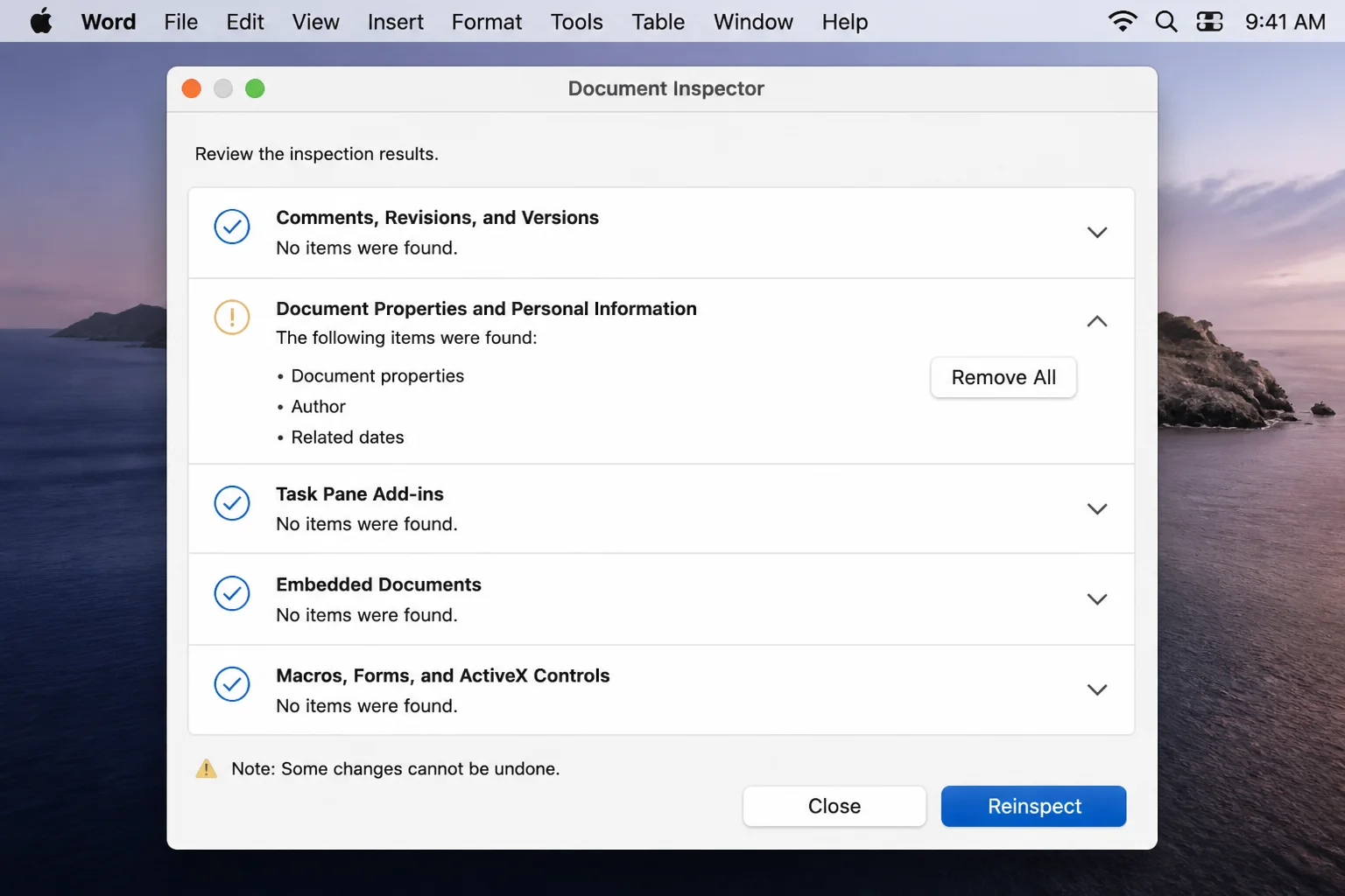 Document Inspector results screen showing found items like Document Properties and Personal Information with Remove All buttons next to each