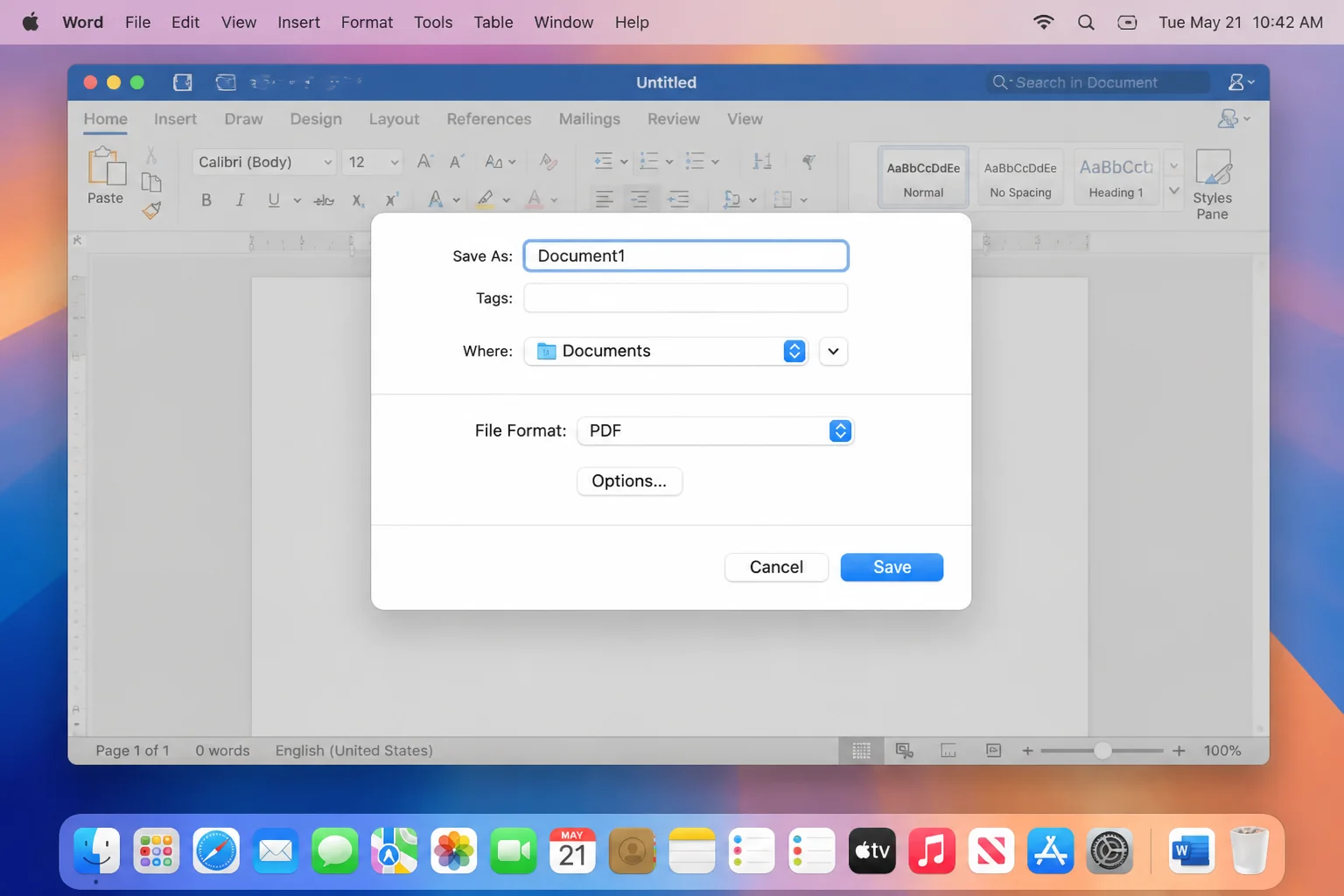Word for Mac Save As dialog with File Format dropdown set to PDF