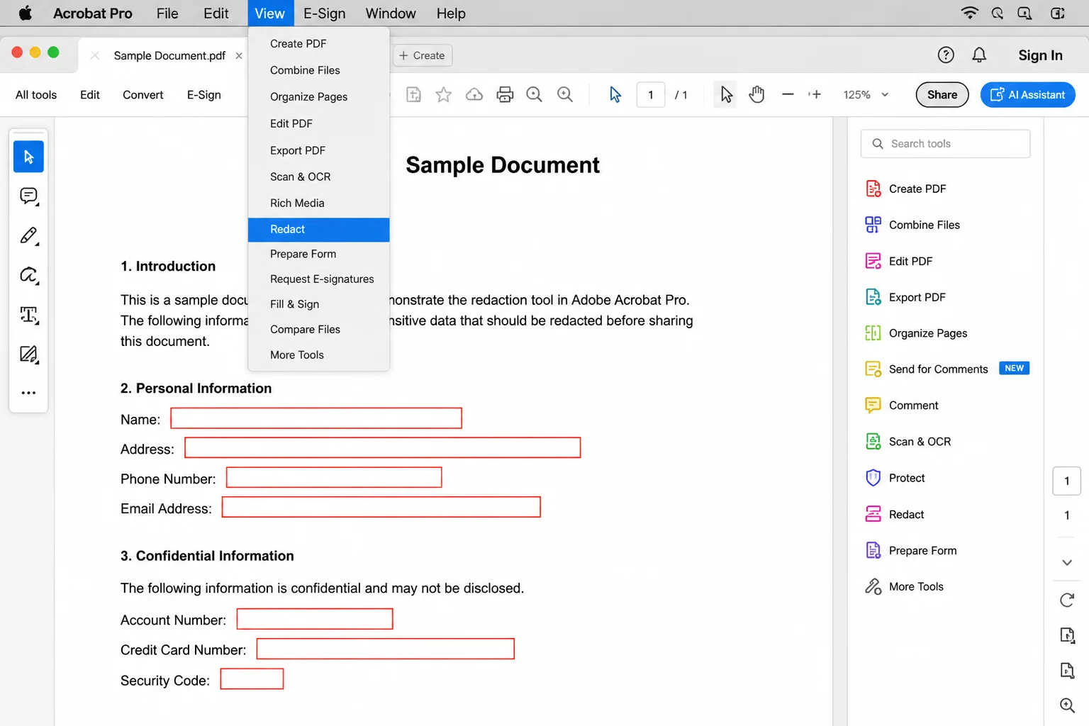 PDF opened in Acrobat with selected text marked for redaction shown with red redaction outlines, before applying