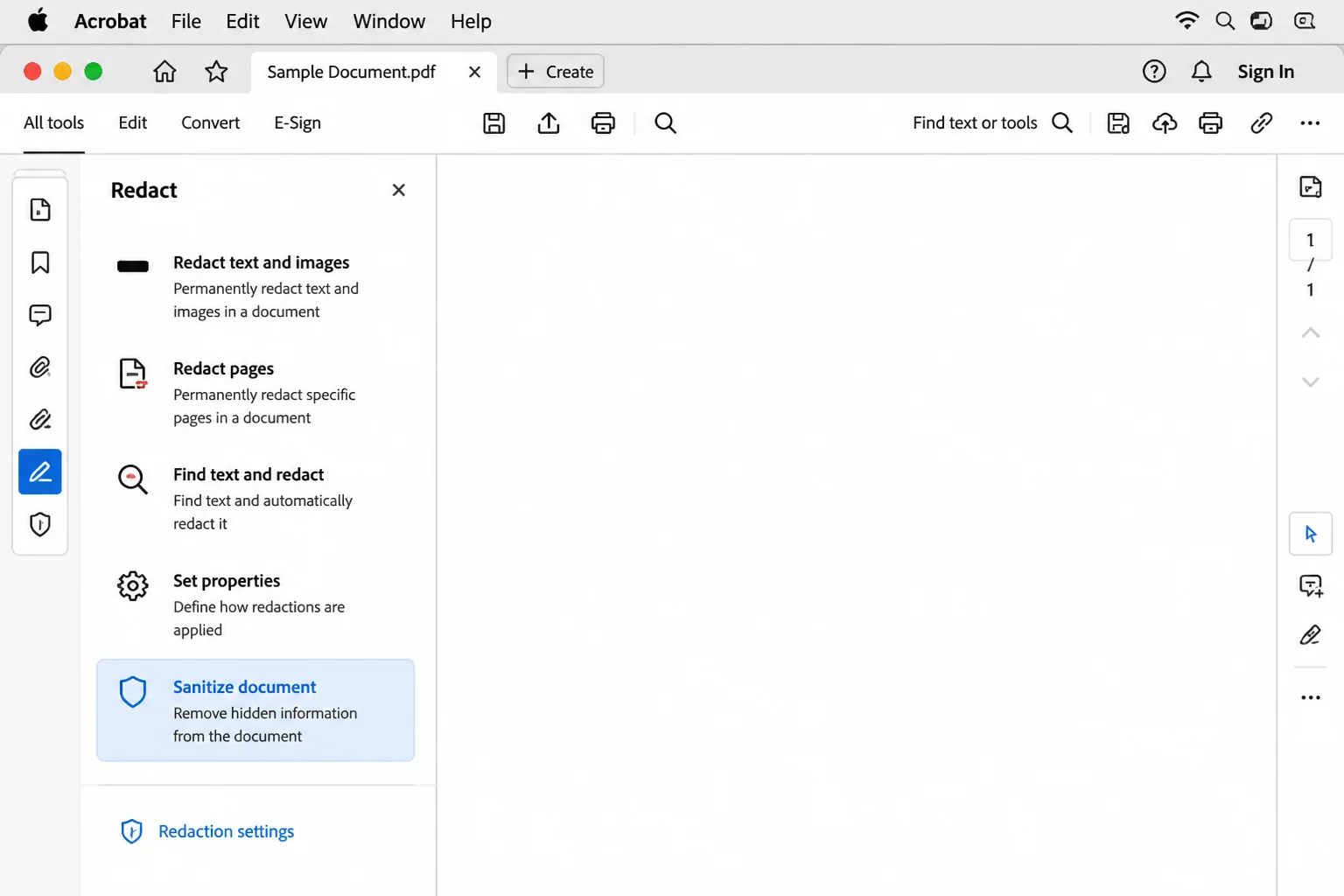 Acrobat menu showing the Sanitize Document / Remove Hidden Information option under the Redaction tools panel