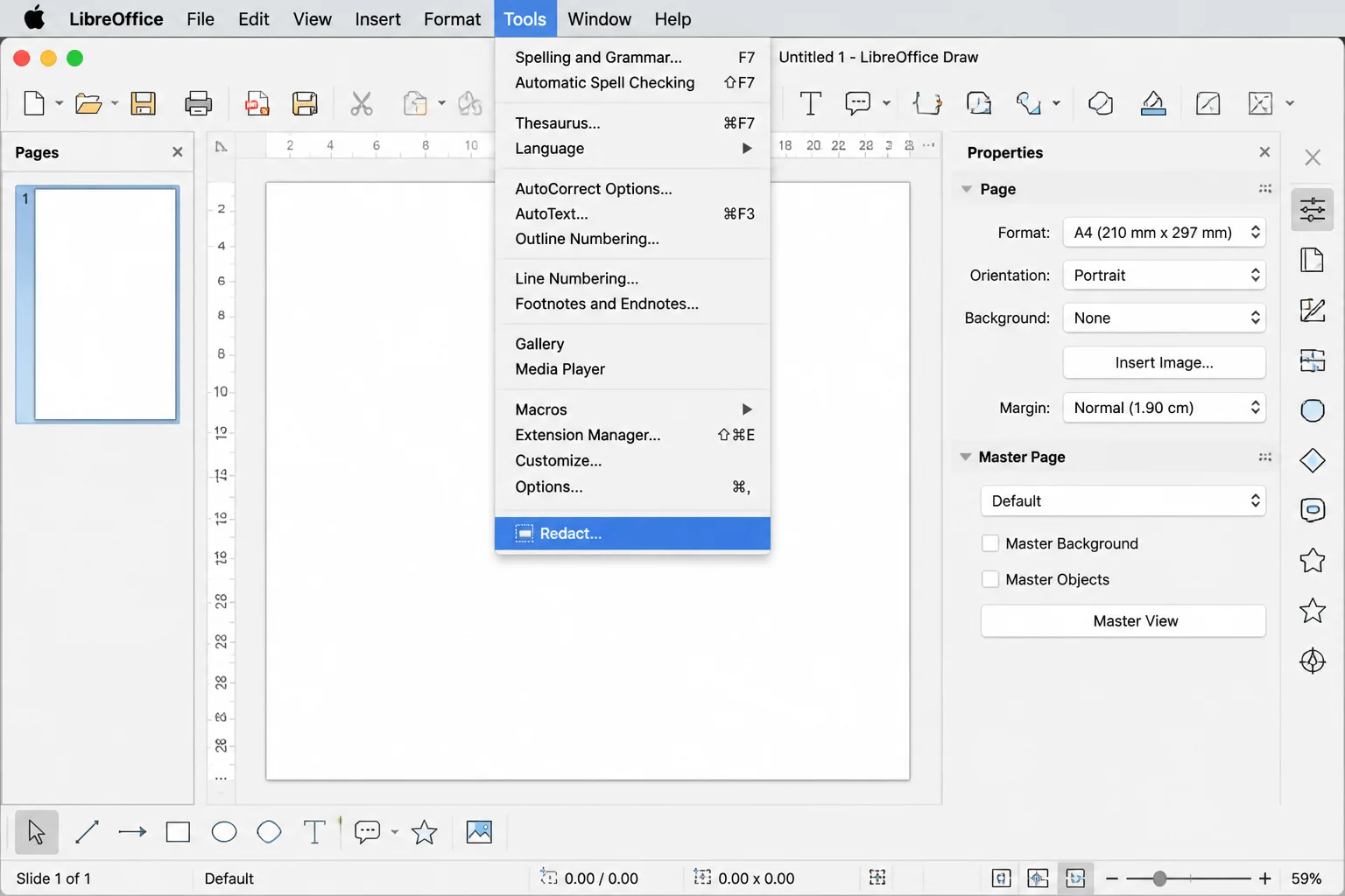 LibreOffice Draw interface with the Tools menu open showing the Redact option