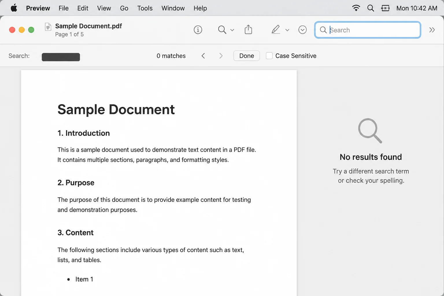 PDF search bar in Preview or Acrobat showing zero results after searching for a redacted term