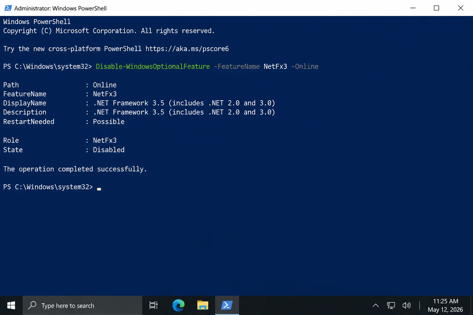 Administrator PowerShell window showing Administrator in the title bar and the complete Disable-WindowsOptionalFeature command