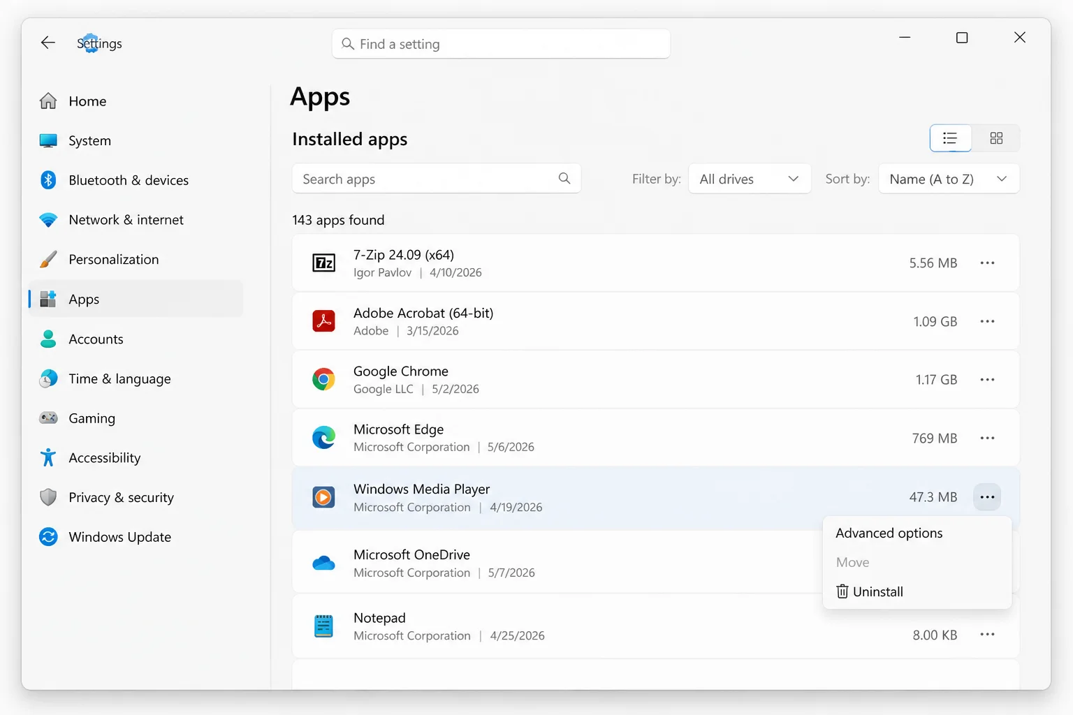 Windows 11 Installed apps showing the newer Media Player entry, its three-dot menu, and Uninstall if available