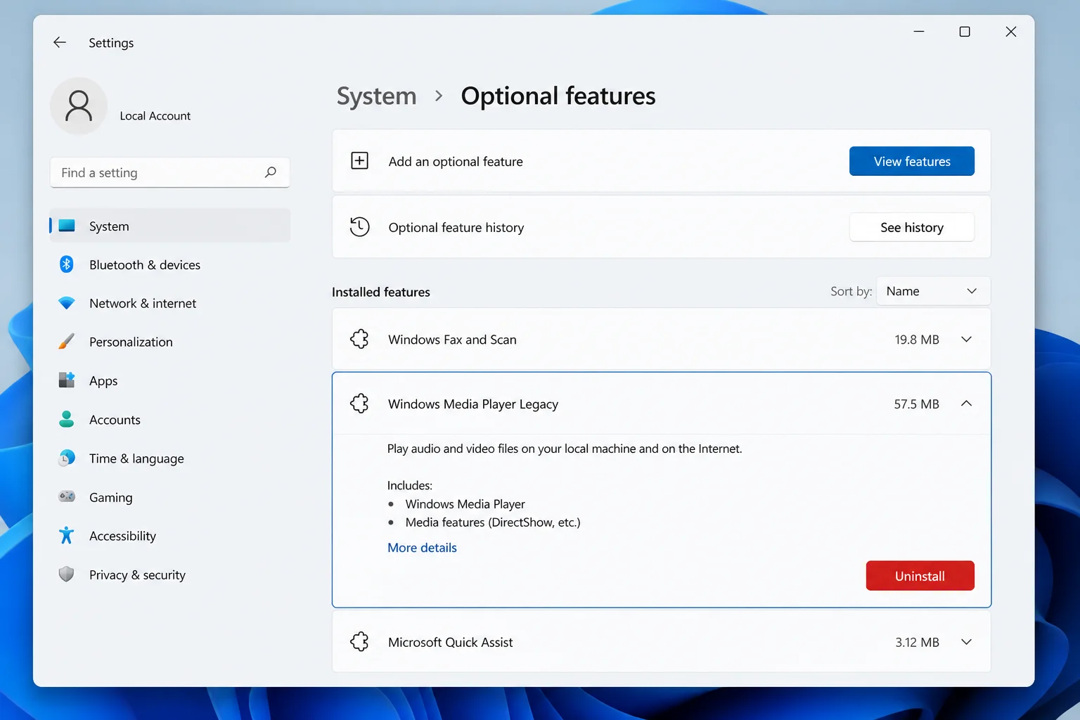 Windows 11 Optional features with Windows Media Player Legacy expanded and the Uninstall or Remove button highlighted