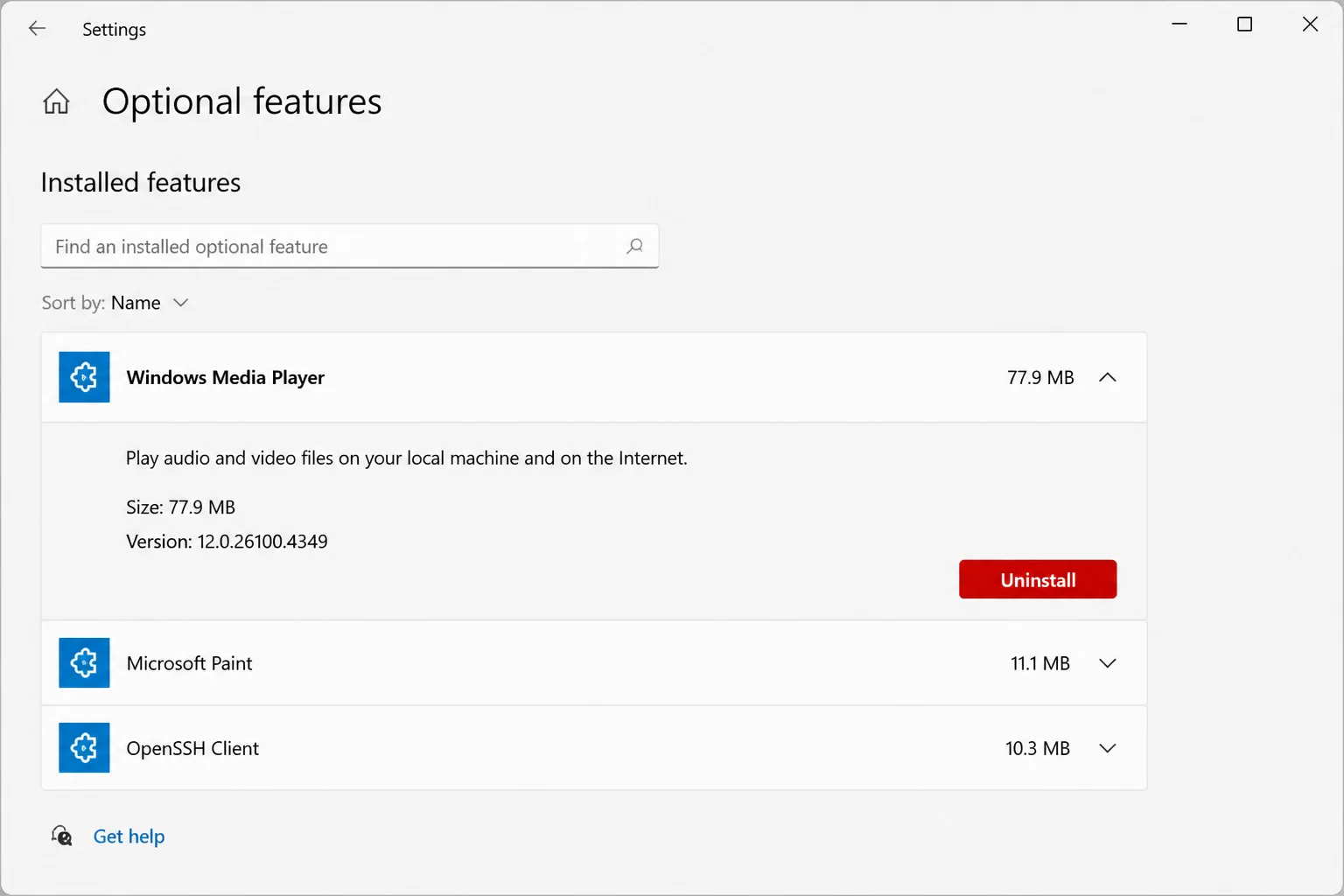 Windows 10 Optional features showing Windows Media Player selected and its Uninstall button