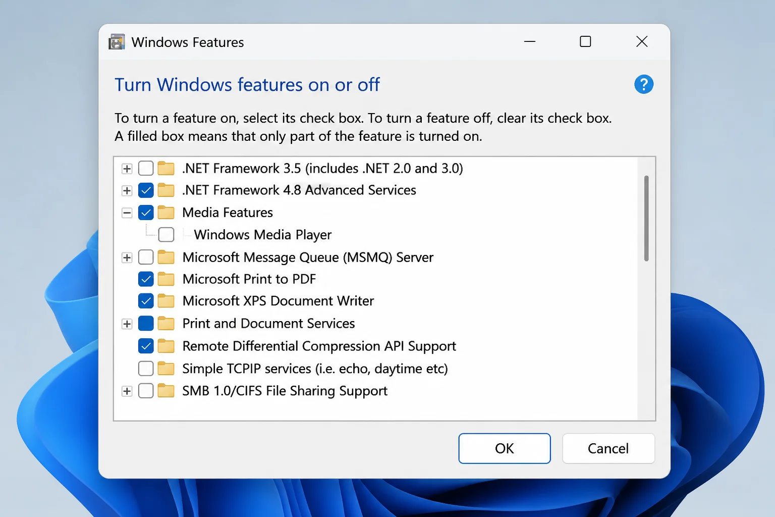 Windows Features dialog with Media Features expanded, Windows Media Player visible, its checkbox cleared, and OK highlighted