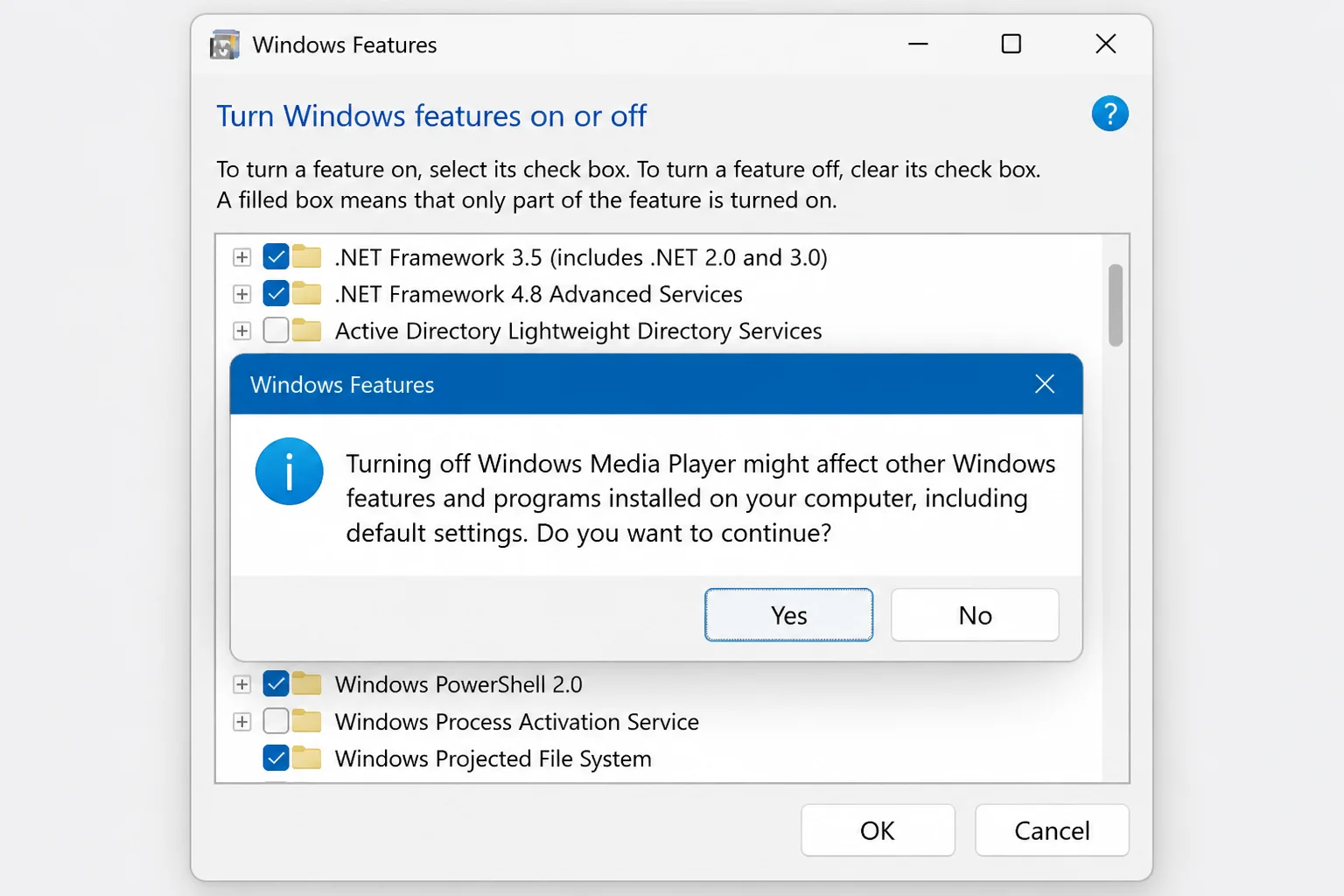 Windows warning that turning off Windows Media Player may affect other Windows features or programs, with the warning text and Yes button highlighted