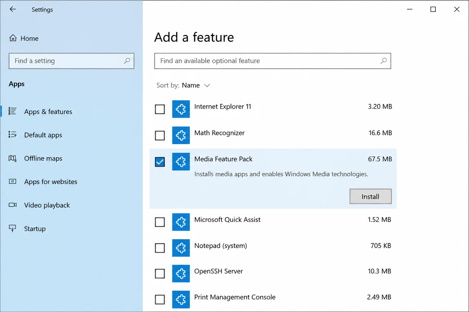 Windows N Optional features search results showing Media Feature Pack and its selection control