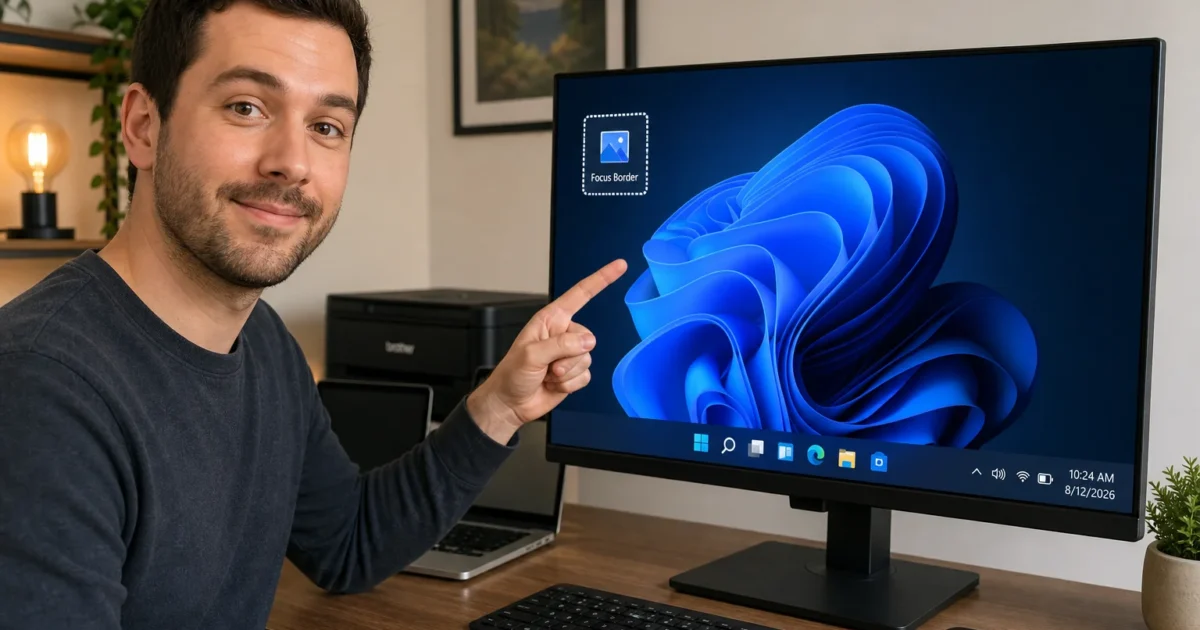 Man at a home office points to a large monitor showing Windows wallpaper and a Focus Border icon.