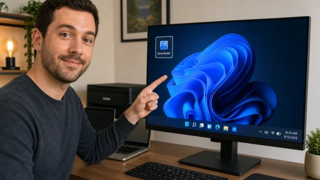 Man at a home office points to a large monitor showing Windows wallpaper and a Focus Border icon.