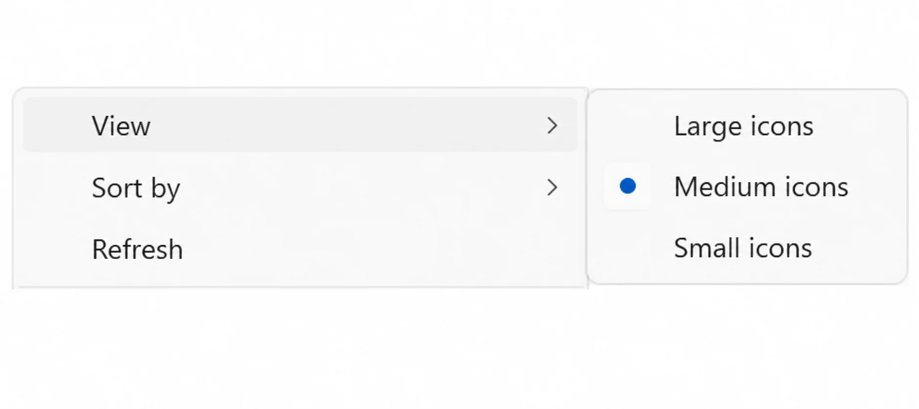 Context menu with options to view files as large, medium, or small icons.