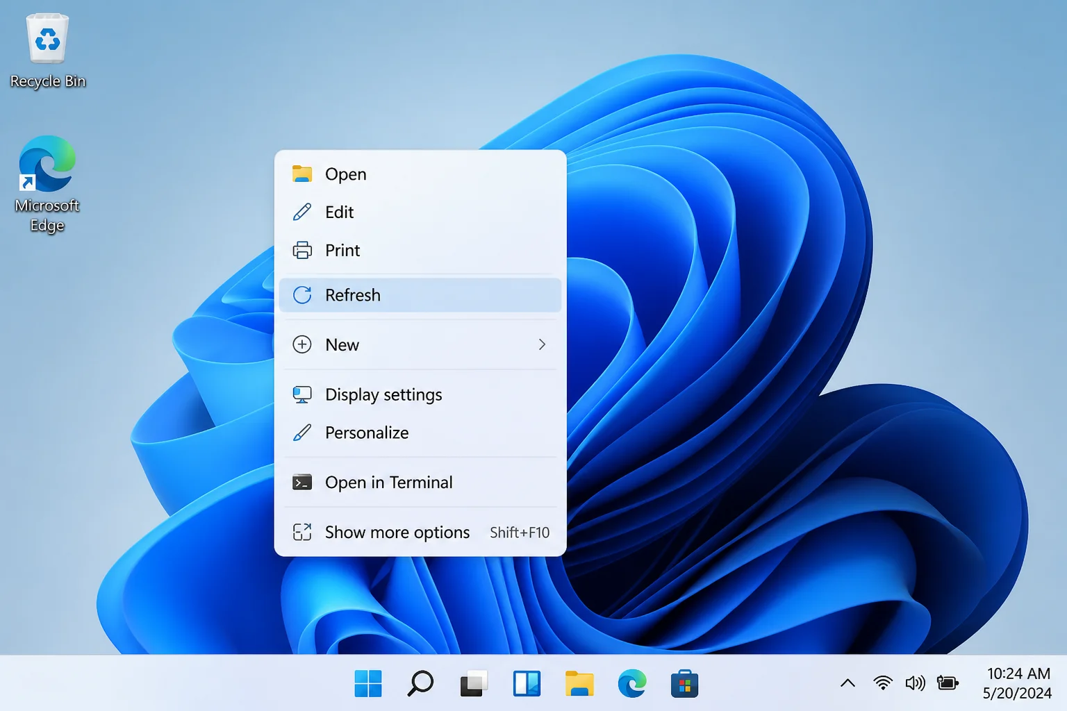 Windows 11 desktop right-click context menu with the Refresh option visible and highlighted