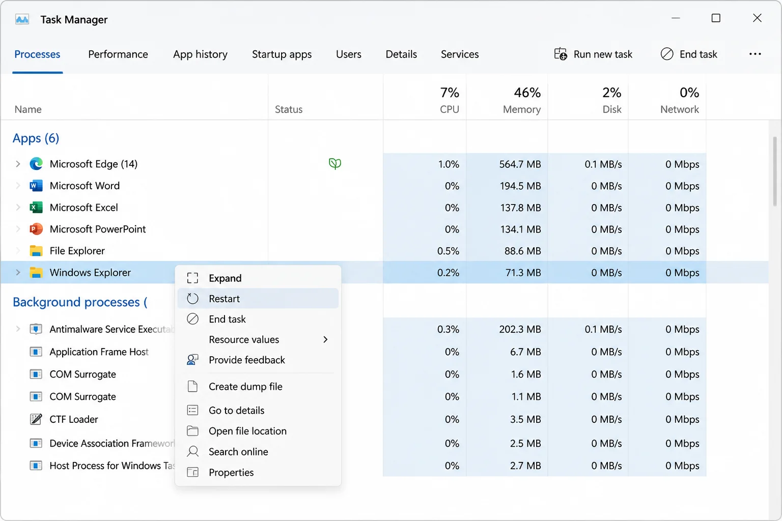 Task Manager Processes tab with Windows Explorer highlighted and right-click context menu showing the Restart option