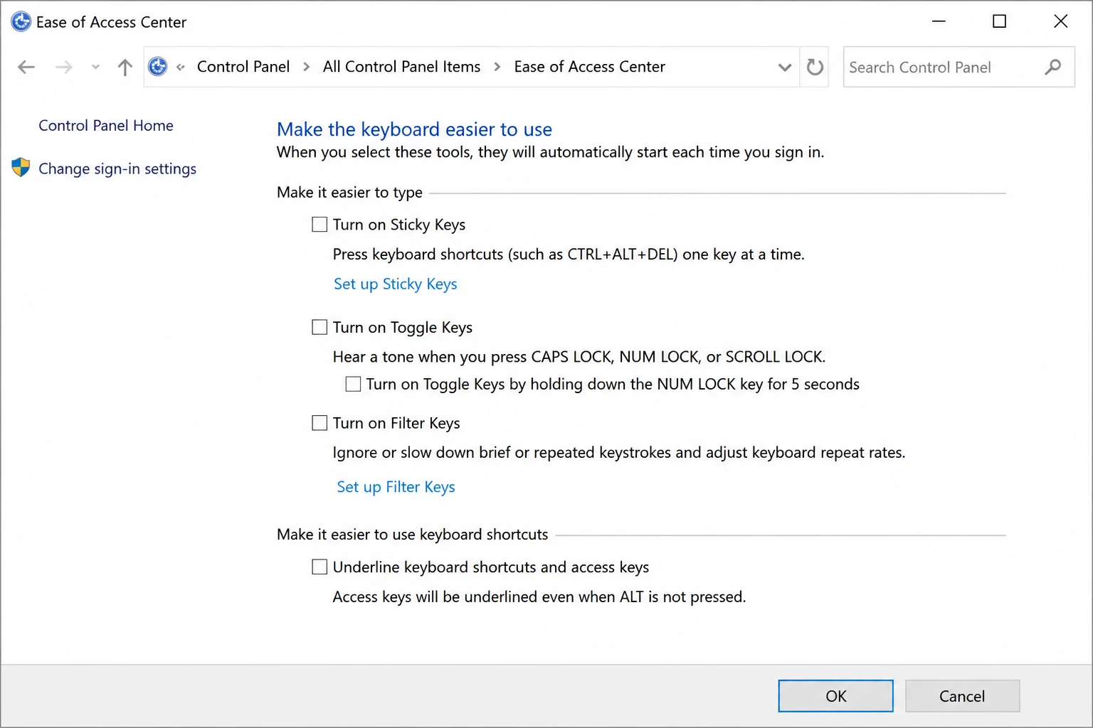 Control Panel Ease of Access Center showing "Make the keyboard easier to use" with the "Underline keyboard shortcuts and access keys" checkbox unchecked