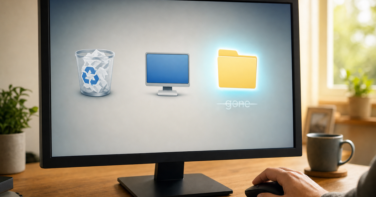 Three icons on a computer screen: a recycling bin on the left, a blue monitor in the center, and a glowing yellow folder on the right.