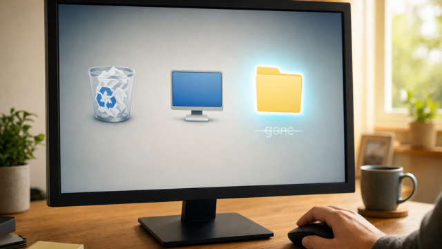 Three icons on a computer screen: a recycling bin on the left, a blue monitor in the center, and a glowing yellow folder on the right.