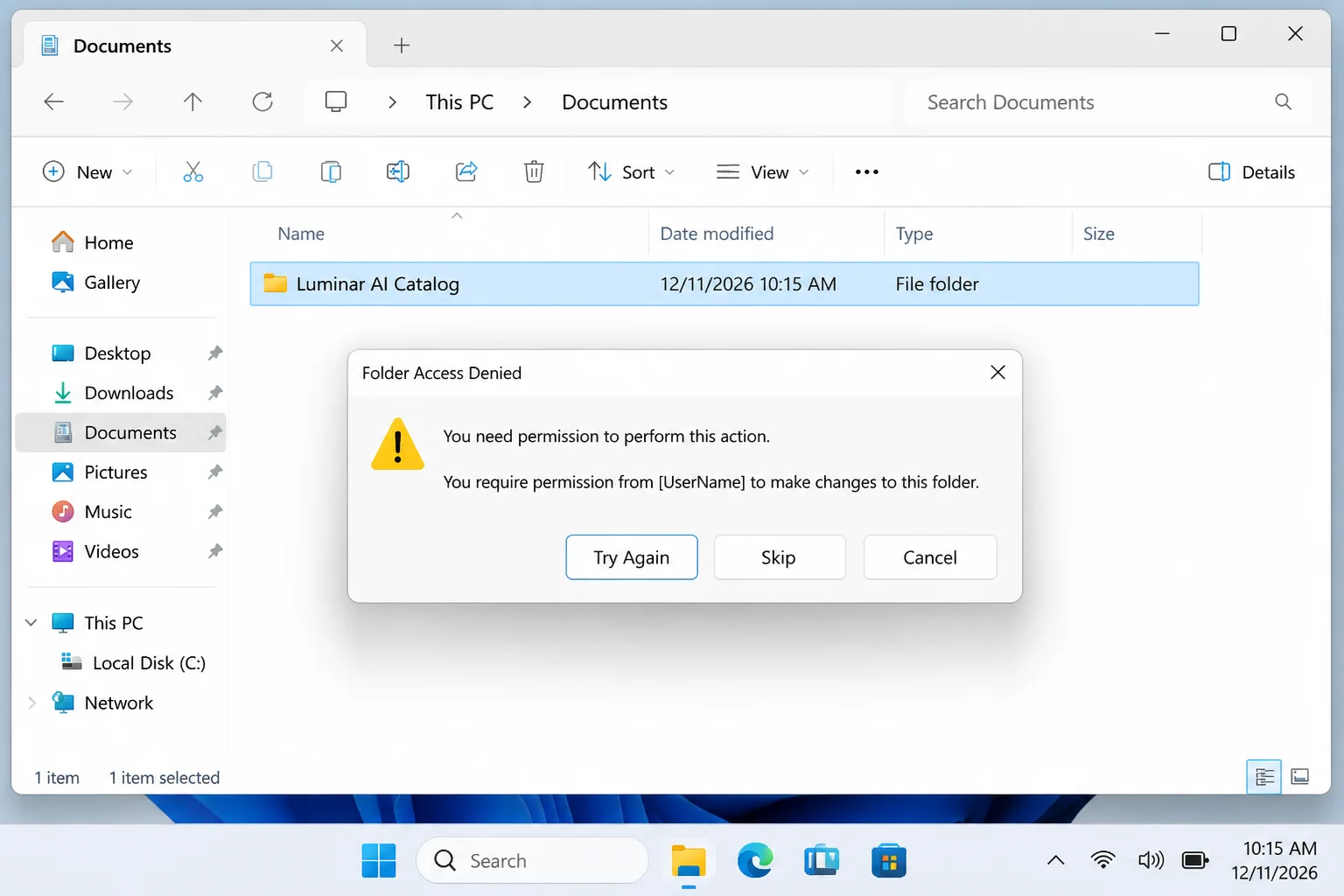 File Access Denied dialog box prompting the user to click Continue to confirm renaming a desktop shortcut