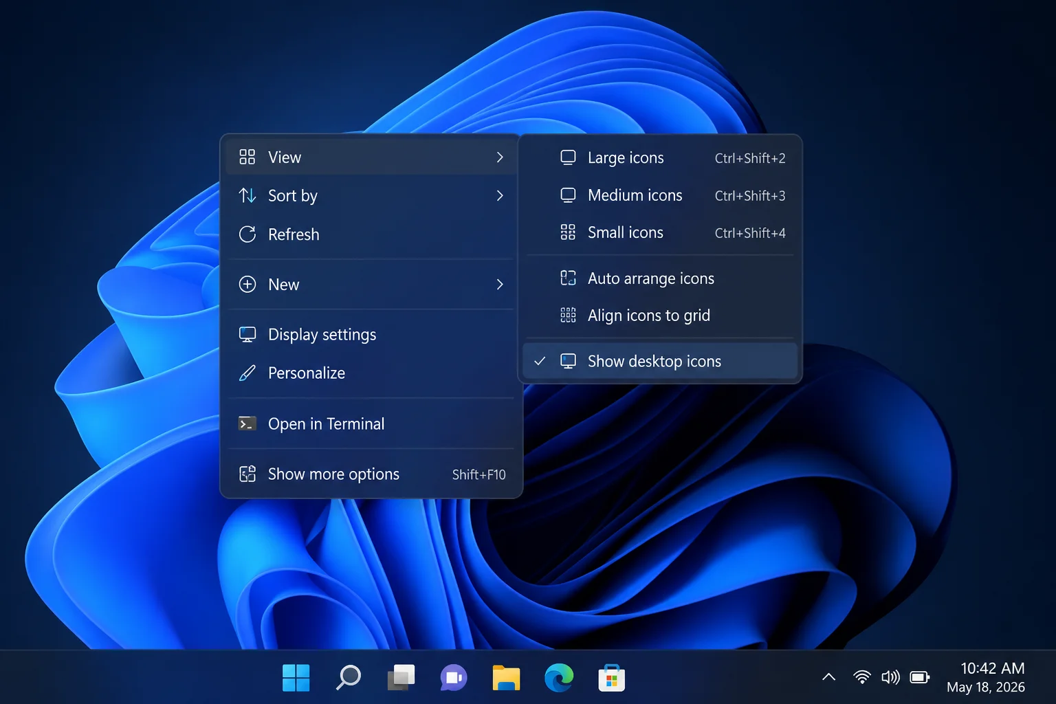 Windows 11 desktop right-click context menu with View submenu open and "Show desktop icons" option visible and checked