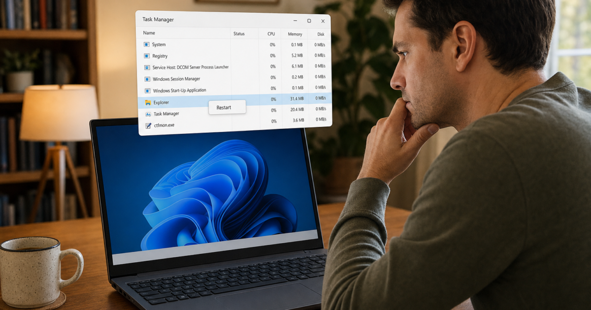 Man in a gray sweater sits at a wooden desk, focused on a Windows laptop with Task Manager open showing processes and a Restart option.